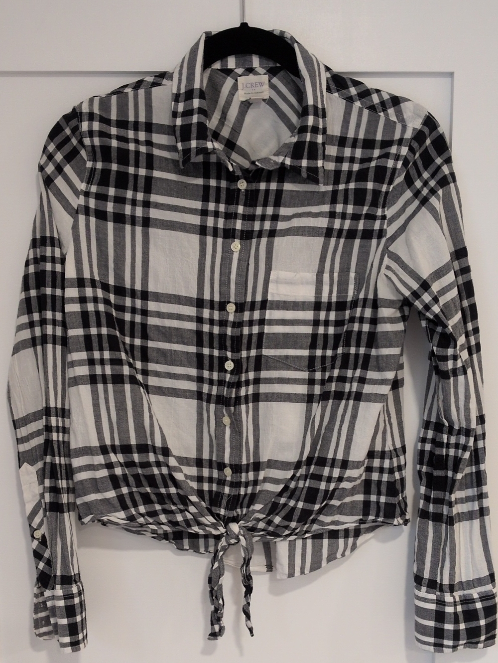 J. Crew Black & White Plaid Tie-Front Button Down Shirt